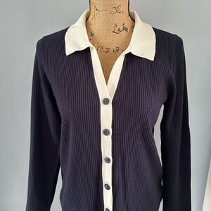 Talbots Black and Cream Button-Up Cardigan